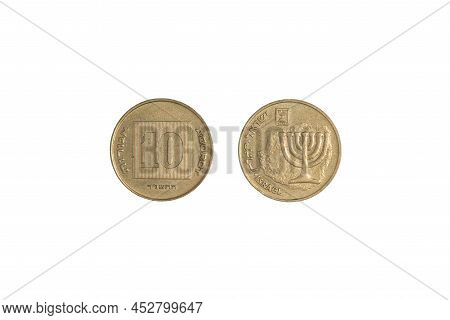 Ten Israeli Agorot 2010 From Both Sides On A Black Background. Close-up