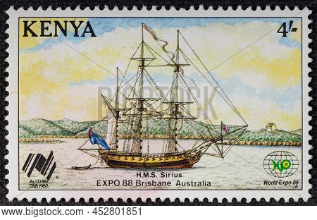 Kenya - Circa 1988: Kenyan Postage Stamp Depicts Hms Sirius, A 19th Cent. Immigrant Ship. Expo 88 Au