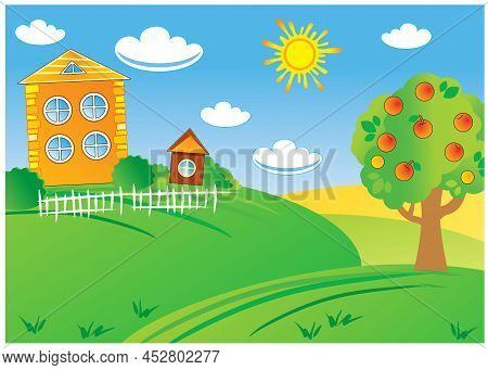 Rural Landscape, Green Field, Houses, Sun, White Cloods, Apple