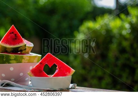 Watermelon Berry. Summer Berry. Watermelon Background. Juicy Red Watermelon With Carved Heart. Summe