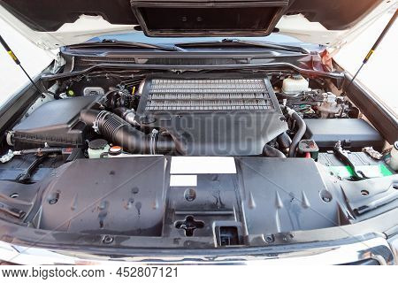 Car Crash Open Hood Car Mechanic To Check Condition Of Damage. See The Radiator Cooling Panel Engine