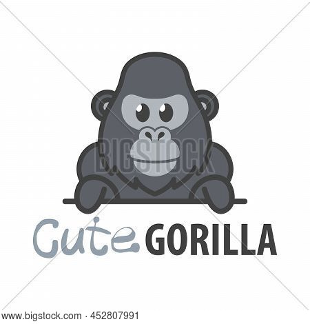 Logo Template With Cute Gorilla. Vector Logo Design Ape Template For Zoo, Veterinary Clinics. Cartoo