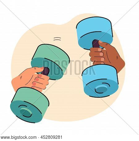 Hands Holding Dumbbells Flat Vector Illustration. Training Equipment For Workouts At Home Or Gym. Sp