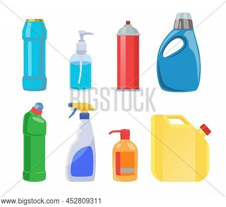Bottles For Cleaning Products Flat Vector Illustrations Set. Plastic Containers For Liquid Laundry D