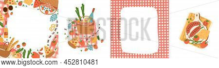 Picnic Party Poster Set. Summer Bbq Party Invitation Frame With Picnic Basket, Picnic Blanket Bbq Fo