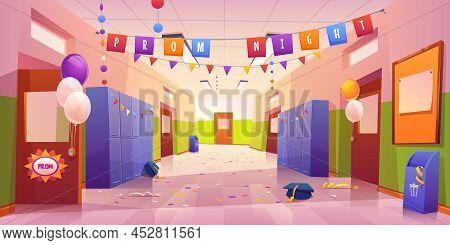 School Hall After Prom Night Celebration. Empty College Corridor Interior With Balloons, Garlands On