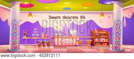 Candy Shop Empty Interior With Various Pastry, Cashier Desk, Shelf And Tables With Chocolate, Candyc