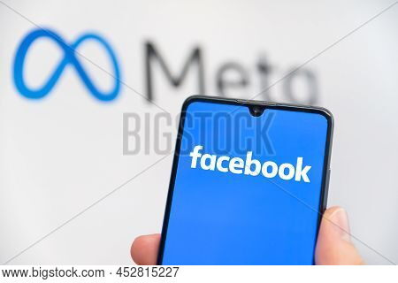 Wroclaw, Poland - Apr 01, 2022: Facebook Changes Its Company Name To Meta. Facebook On A Smartphone 