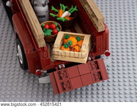 Tambov, Russian Federation - January 02, 2022 Close-up Of A Lego Pickup Truck With Milk Bucket And S