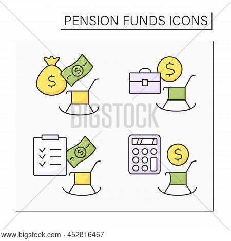 Pension Funds Color Icons Set. Pension Plan And Charges, Retirement Calculation, Employment-based Pa
