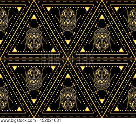 Seamless Pattern With Golden Beetles In A Triangular Ornament. Bohemian Golden Pattern With Bugs. Ve