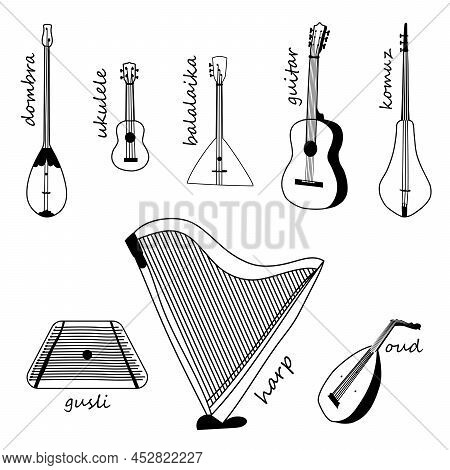 Set Of Stringed Music Instruments Hand Drawn Doodle
