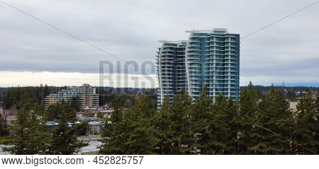Aerial Panoramic View Of A New Residential Property Building. Modern Architerctural Design In A Subu