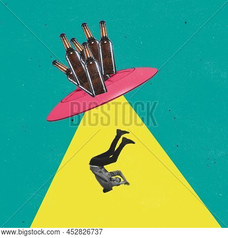 Contemporary Art Collage. Man Fallling Downfrom Ufo With Many Beer Bottles On It Isolated Over Green