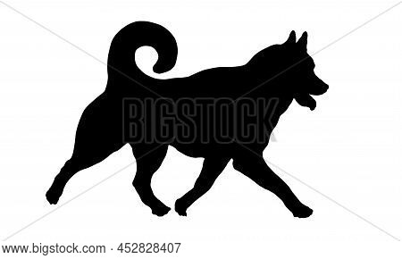 Black Dog Silhouette. Running Siberian Husky Puppy. Pet Animals. Isolated On A White Background. Vec