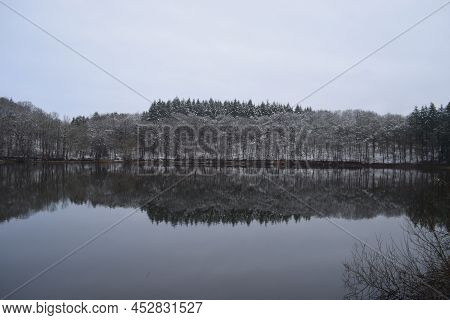 Mirror Calm Holzmaar With Winter Forest Reflections