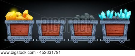 Mine Cart Vector Set, Diamond Wagon Kit, Old Coal Game Trolley Illustration, Golden Nuggets Carriage