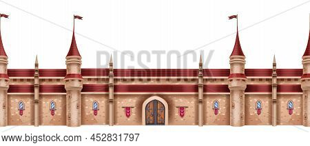 Medieval Castle Seamless Border Game Illustration, Magic Fantasy Fortress, Vector Stone Palace. Anci