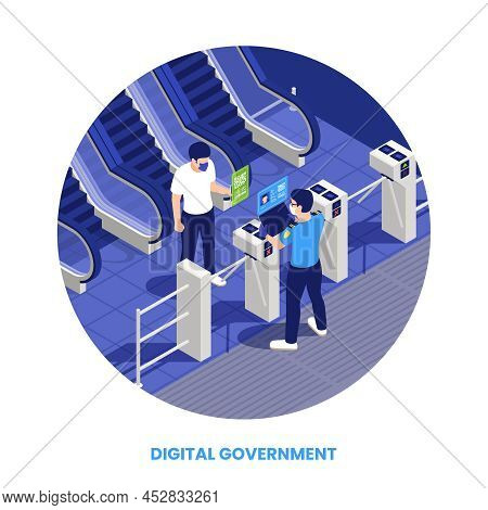 Digital Govenment Concept With Citizen Entering Public Transport Using Qr-code Id Isometric Vector I
