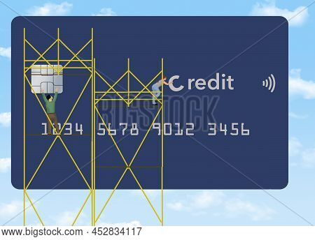 A Couple Works On A Scaffolding To Rebuild Their Credit Rating In A 3-d Illustration.