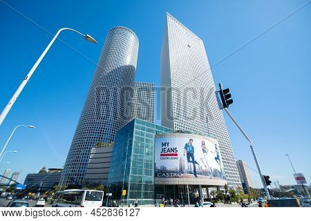 Modern City In Israel. Skyscrapers Made Of Glass And Metal. Tel Aviv, Israel - 02.14.2015