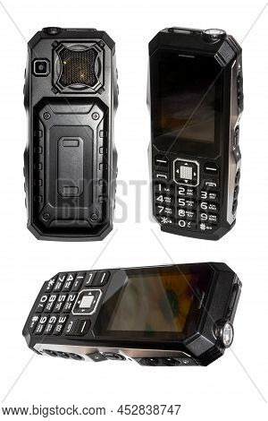 Mobile Shockproof Phone On A White Background.shockproof Push-button Mobile Phone With A Powerful Ba