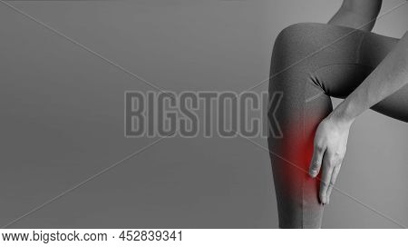 Banner With Shin Splints. Woman Suffering From Pain In Leg With Red Spot Closeup. Injury, Medial Tib