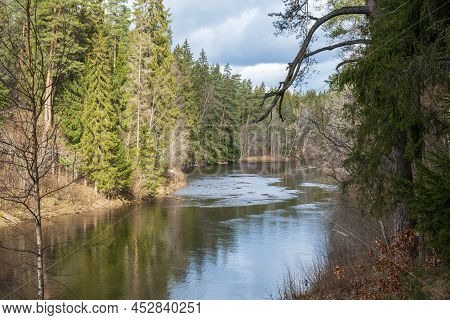 View To The River Salaca From High Sandstone Cliff In Skanaiskalns Nature Park In April In Mazsalaca