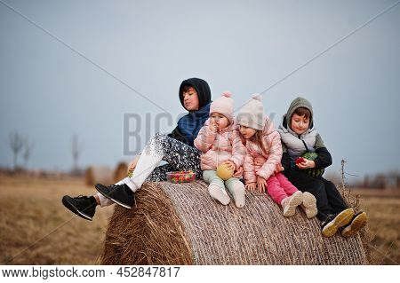 Four Kids With Fruits In Hands Sitting On Haycock At Field.