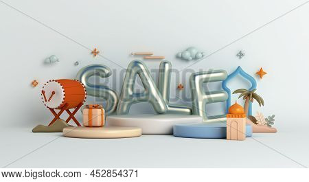 Islamic Sale Display Podium Decoration Background With Beduk Drum, Mosque, Gift Box Cartoon Style, R