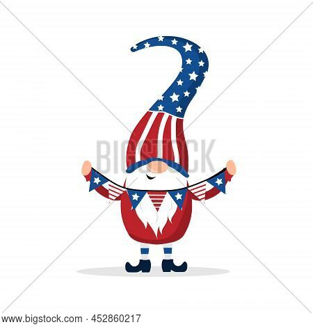 Patriotic American Gnome. Cute Scandinavian Dwarf With Garland. Elf Celebrate Independence Day In Th