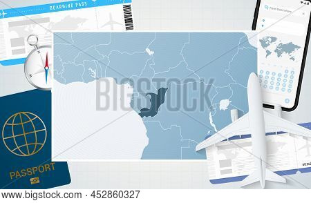 Journey To Congo, Illustration With A Map Of Congo. Background With Airplane, Cell Phone, Passport, 