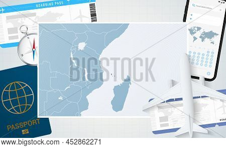 Journey To Comoros, Illustration With A Map Of Comoros. Background With Airplane, Cell Phone, Passpo