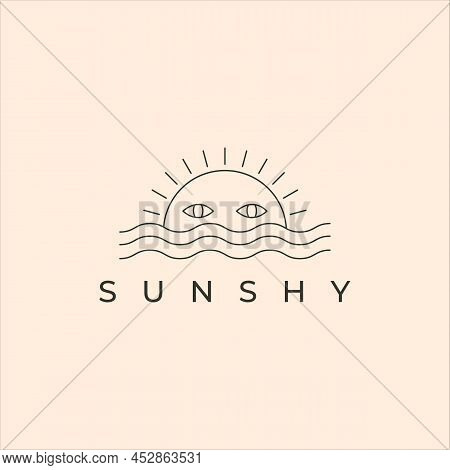 Sun Shy Line Art Icon Logo Vector Minimal Illustration Design, Sunset And Wave Logo Design