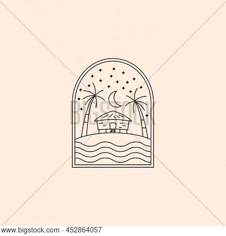 Bungalow Beach Village Line Vector Logo Illustration Design, Line Art Style