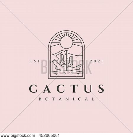 Cactus Plant On Desert Logo Vector Line Art Minimalist Symbol Illustration Design, Vintage Cactus Lo