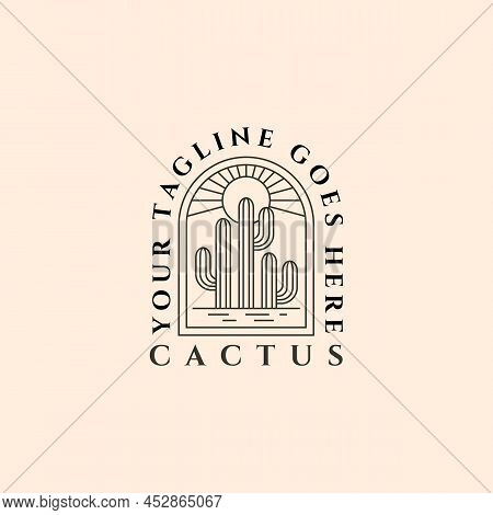 Cactus On Desert Summer Logo Emblem Vector Vintage Line Art Illustration Design
