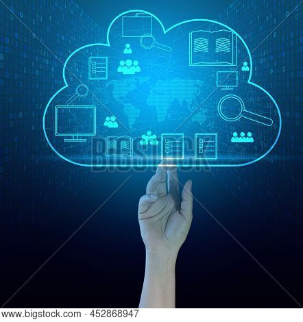 Cloud Data Storage And Businessman's Hand. Information Exchange And Secure Data Storage. Cloud Serve