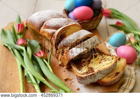 Closeup Romanian Easter Bread - Cozonac On Easter Table