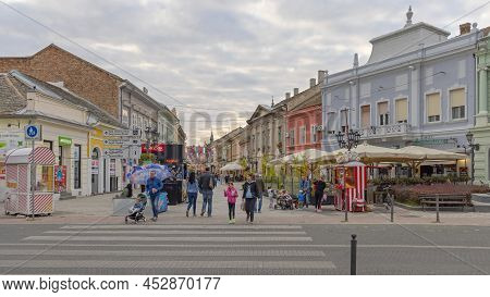 Novi Sad, Serbia - September 21, 2021: People Walking At Dunavska Street Downtown Autumn Day.
