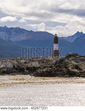 View Of Sea Lions And Cormorants On Les Eclaireurs Island With Lighthouse, Ushuaia, Tierra Del Fuego