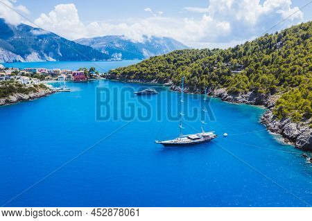 Aerial View Of Luxury Sail Yacht In Assos Village, Kefalonia Island, Greece