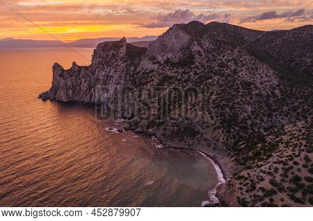 Pink Sunset In Novyi Svit In Autumn Season. Sudak, The Republic Of Crimea. Aerial View