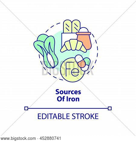 Sources Of Iron Concept Icon. Green Vegetables And Bread. Source Of Nutrients Abstract Idea Thin Lin