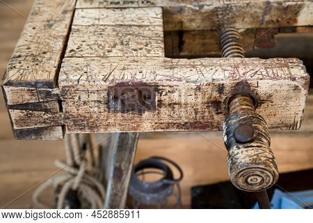 An Old Wooden Workbench, Workbench In A Workshop.