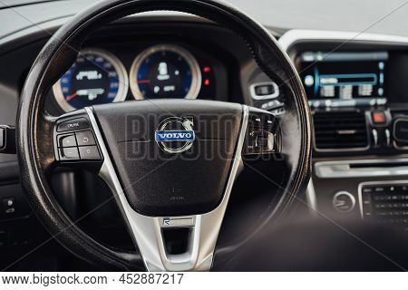 Ternopil, Ukraine - September 11 2021: Closeup View Of Steering Wheel Inside Of The Volvo Xc60