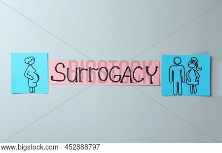 Paper Notes With Word Surrogacy And Drawings On Light Grey Background, Flat Lay