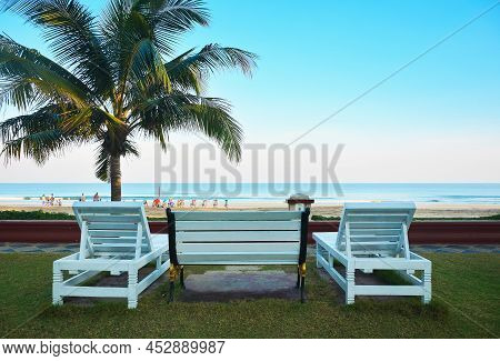 Relaxing Benches On Chaung Thar Beach, Myanmar