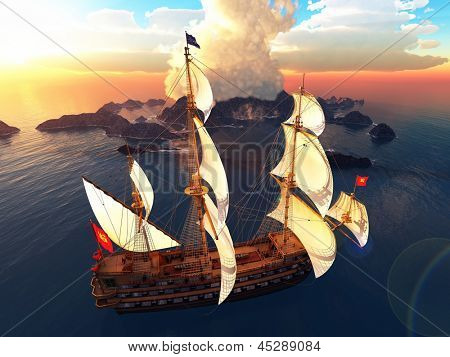 Pirate Brigantine heraus am Meer mit awesome Wolken