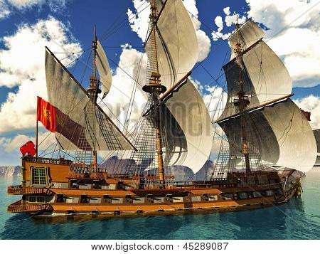 Pirate Brigantine heraus am Meer mit awesome Wolken